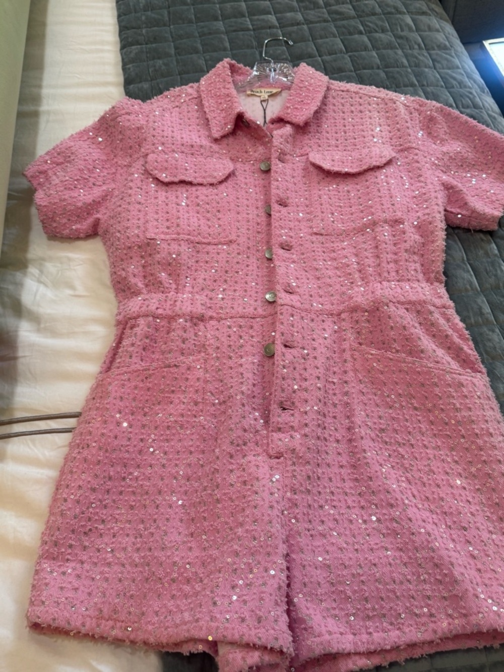 Peach Love California Pink Sequin Tweed Romper